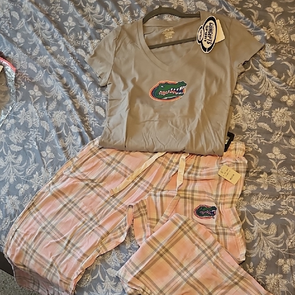 Gray T-Shirt and Pink Plaid Pajama Set